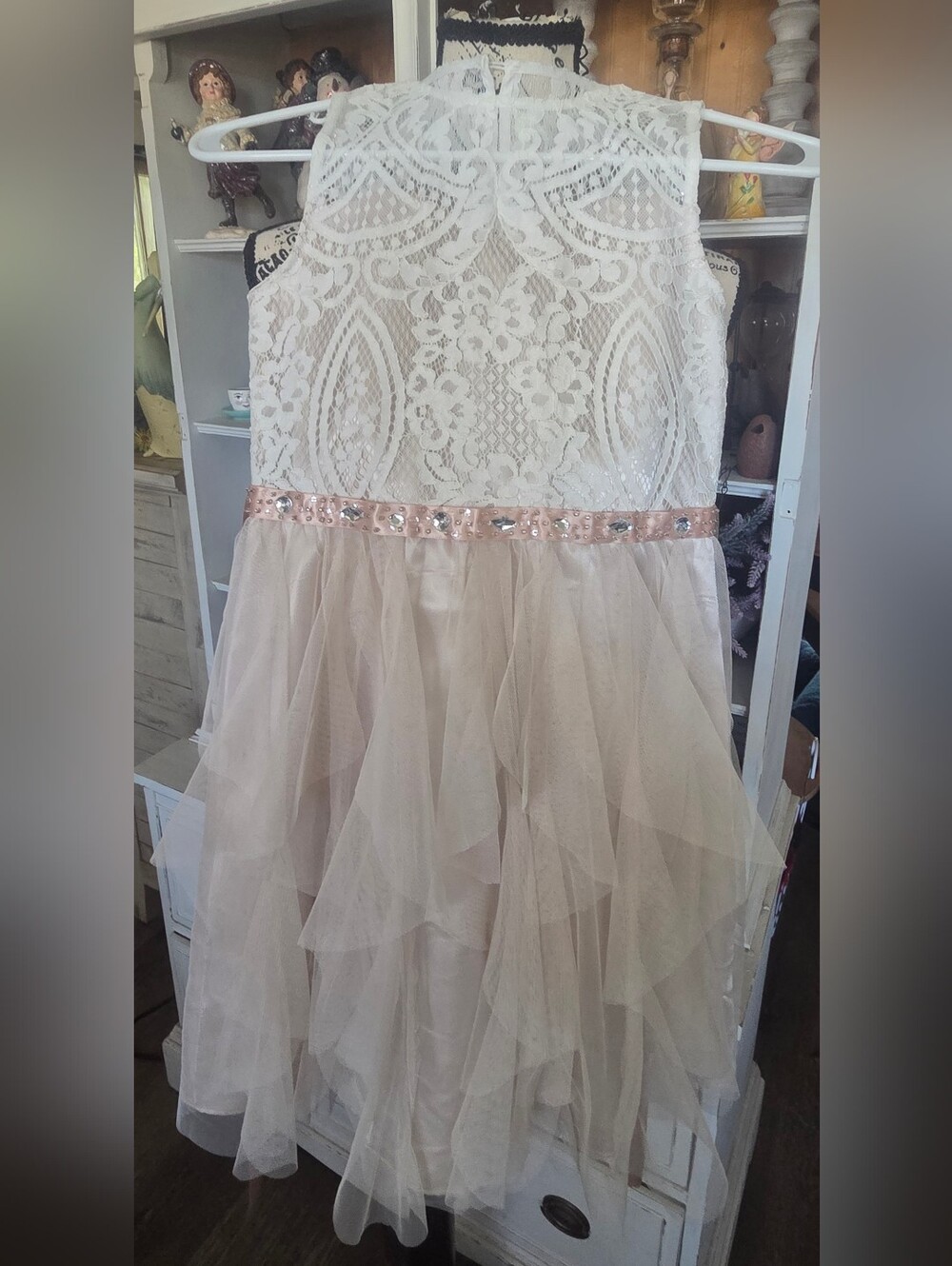 Rare Editions Ivory Lace Bodice with Blush Sequin Waist Tulle Dress